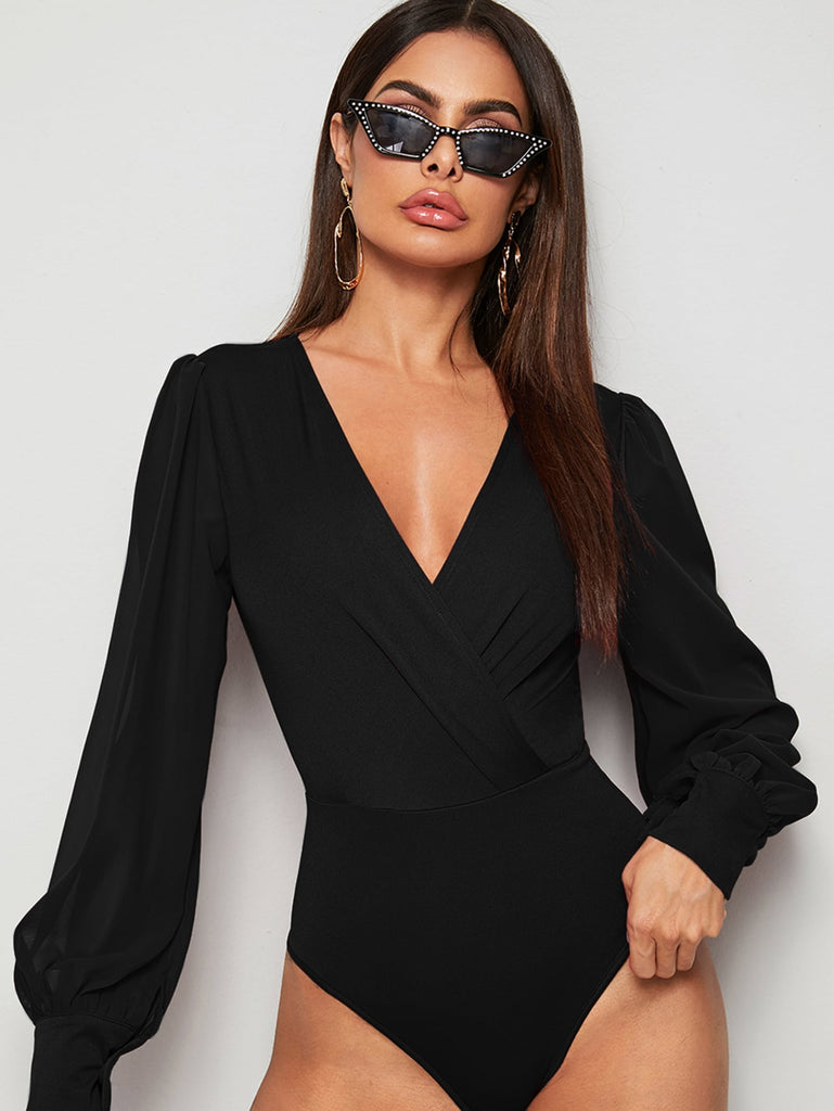Surplice Neck Contrast Mesh Wrap Bodysuit