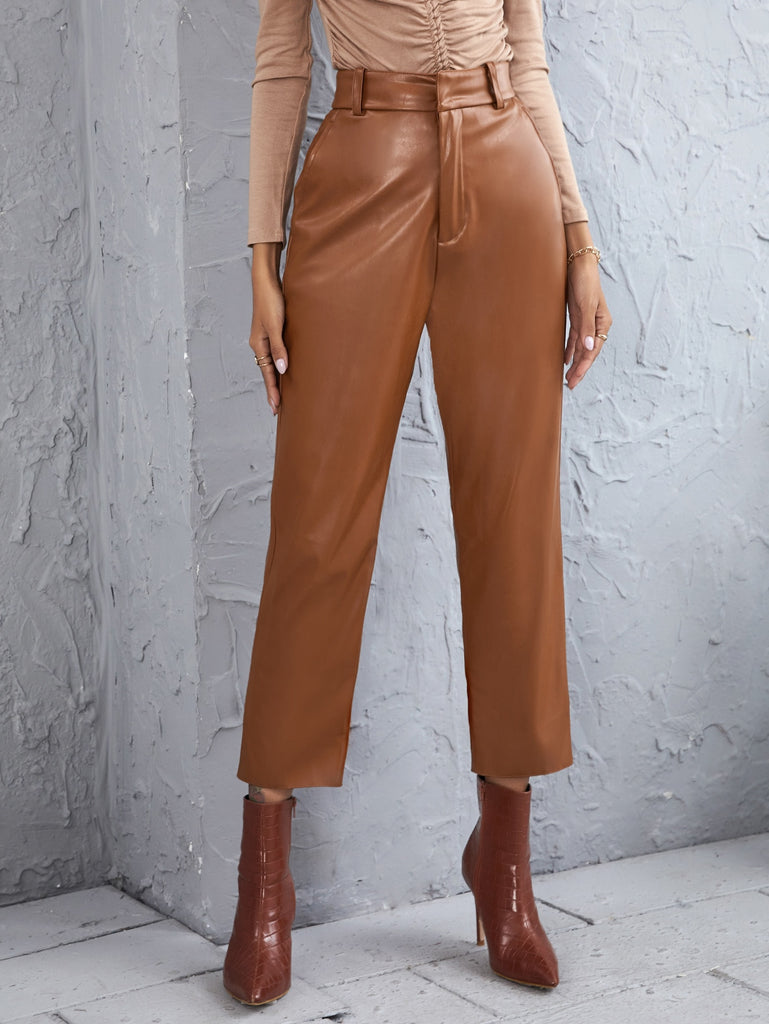 PU Leather Solid Straight Leg Pants