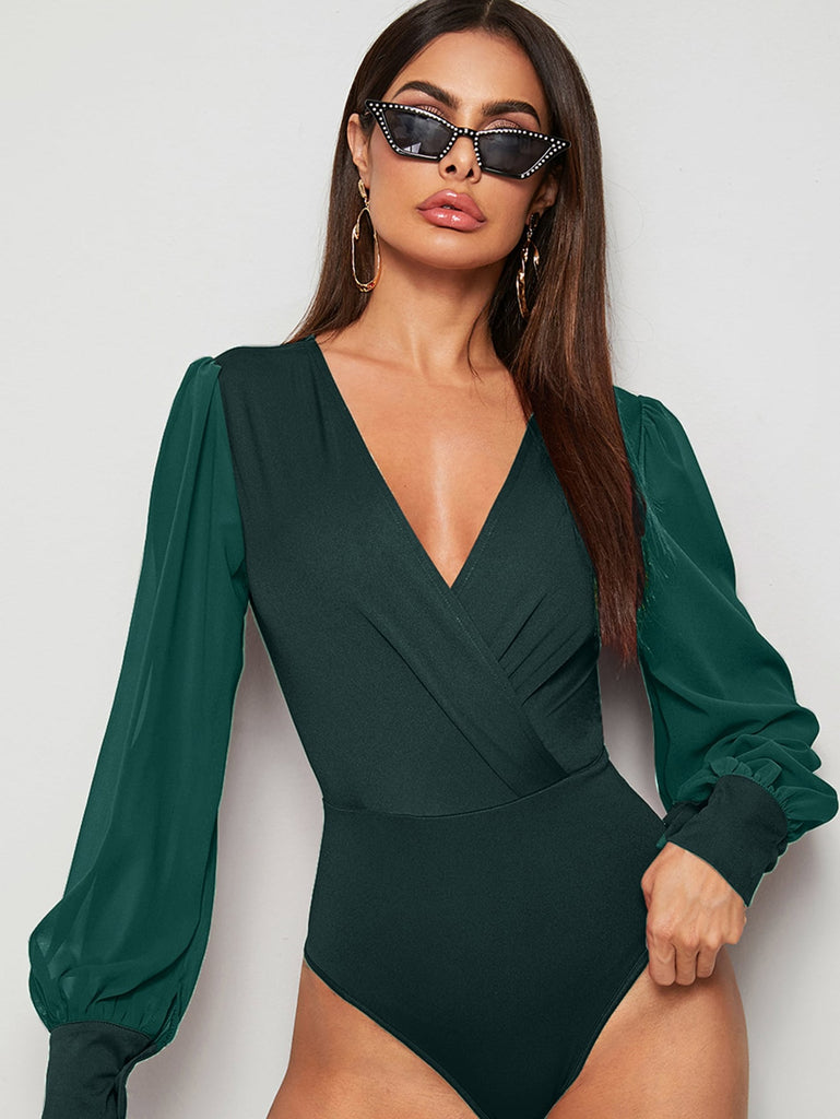 Surplice Neck Contrast Mesh Wrap Bodysuit