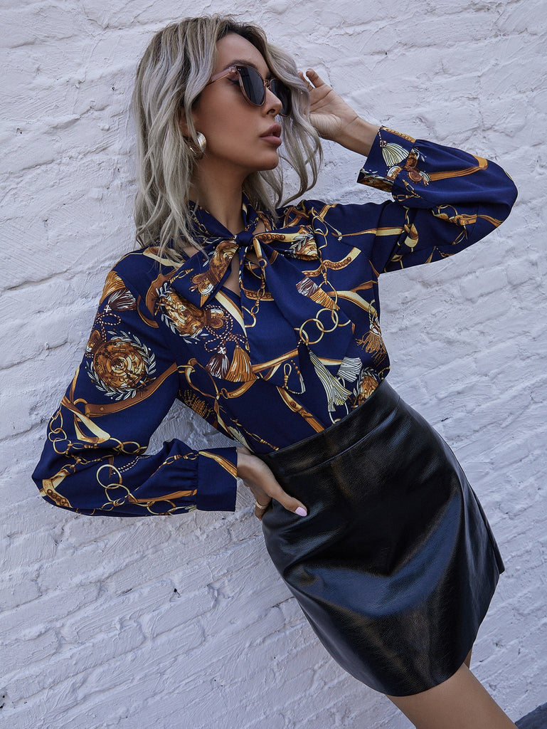 Tie Neck Chain Print Blouse