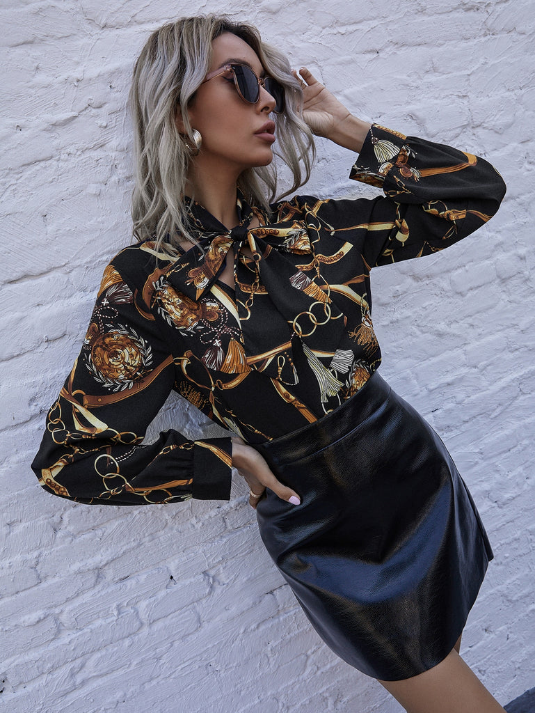 Tie Neck Chain Print Blouse