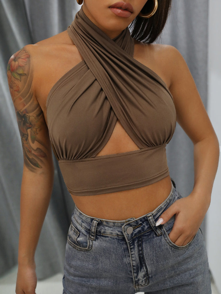Solid Cross Crop Halter Top