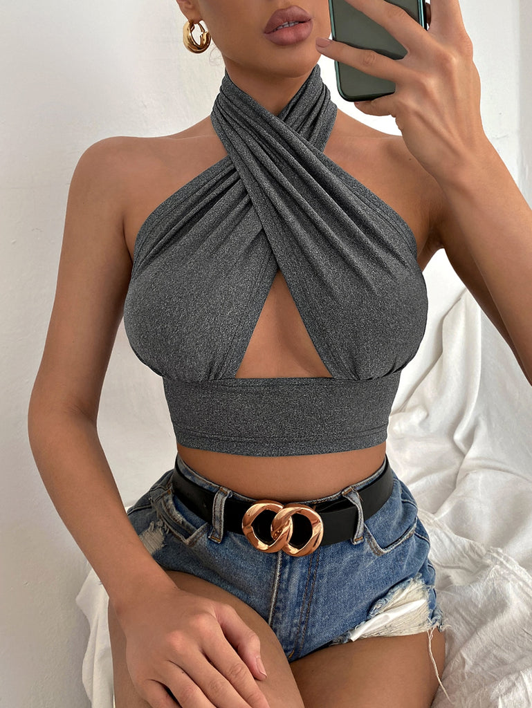 Solid Cross Crop Halter Top