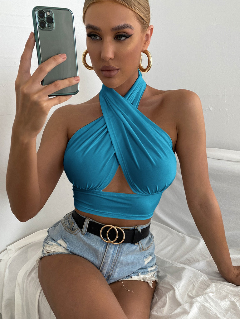 Solid Cross Crop Halter Top