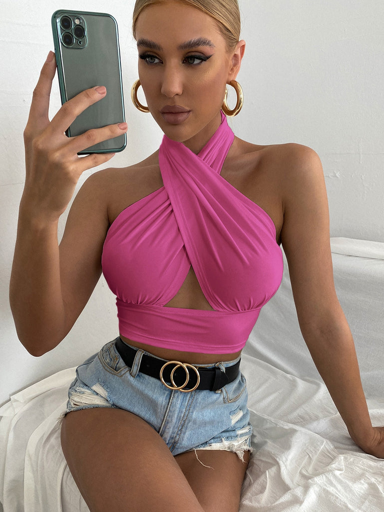 Solid Cross Crop Halter Top