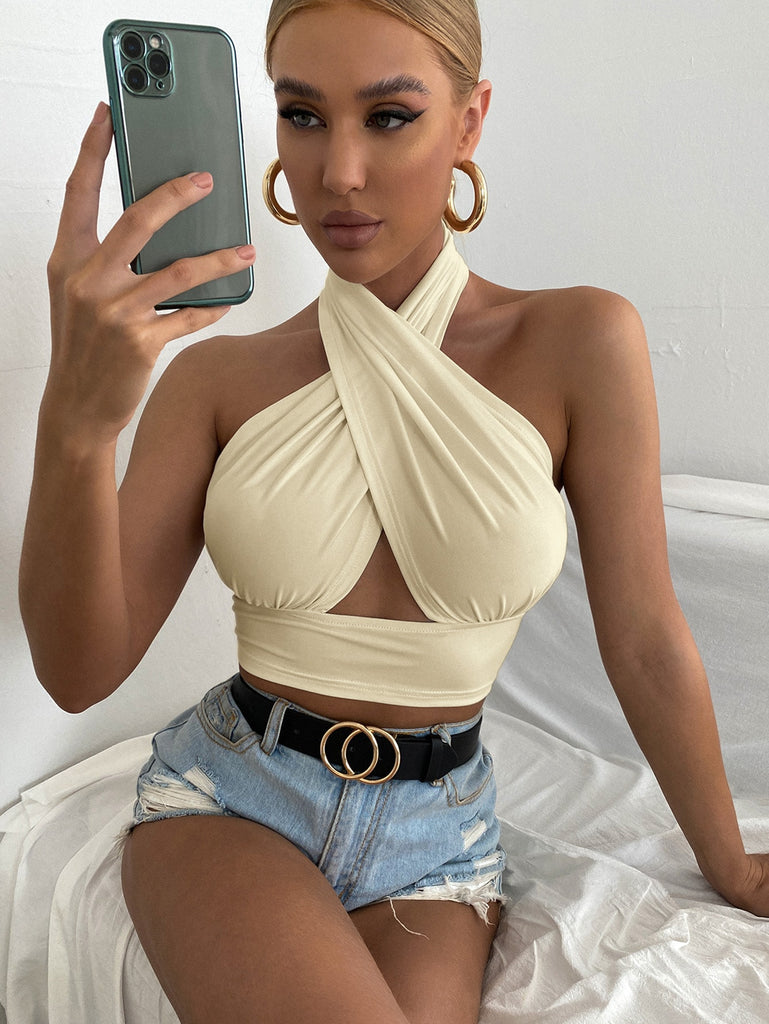 Solid Cross Crop Halter Top
