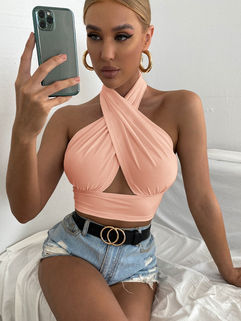 Solid Cross Crop Halter Top