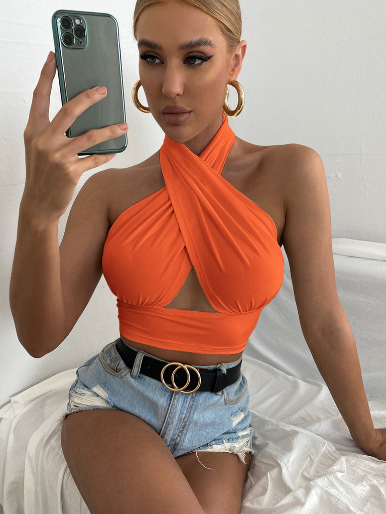 Solid Cross Crop Halter Top
