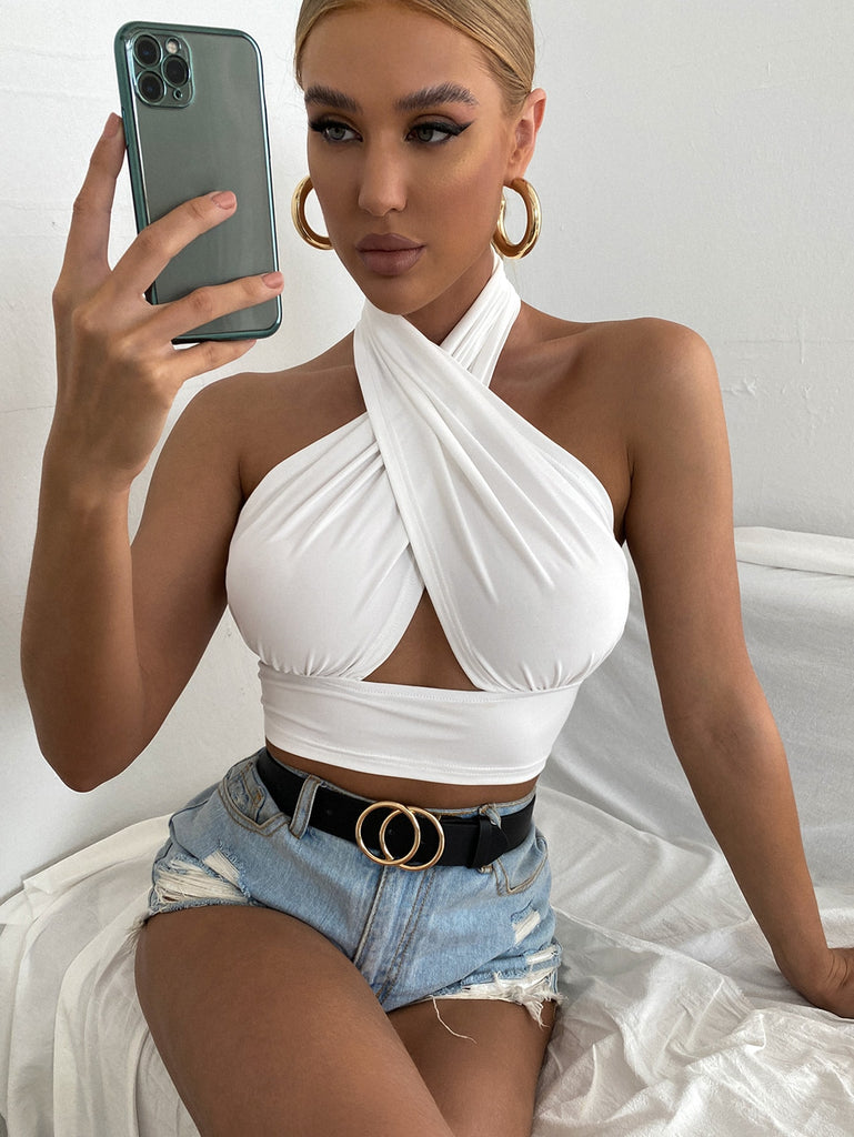 Solid Cross Crop Halter Top