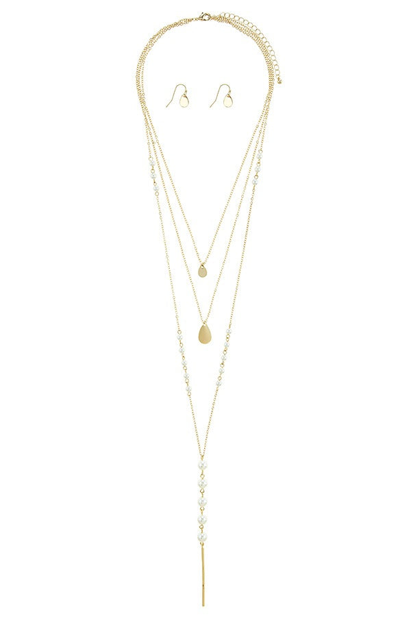 Linear bar accent faux pearl layer necklace set